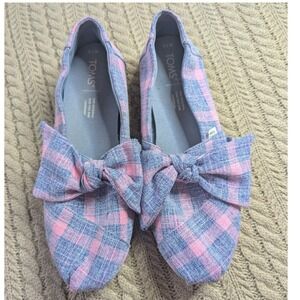 TOMS Alpargata Pink Blue Plaid Bow Slip On Canvas Flats Loafers W7.5